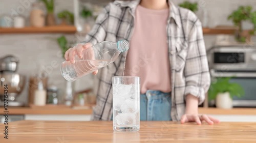 グラスに水を注ぐ女性