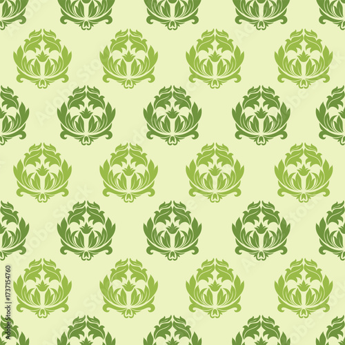 Ornate vintage floral design in shades of green on a pale background, repeating symmetrically.