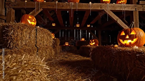 Spooky glowing jack-o'-lanterns and flickering candles create a fun Halloween night atmosphere inside a rustic barn with hay bales