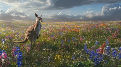 Kangaroo in a vibrant flower field under a dramatic sky.