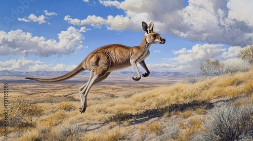 Kangaroo leaps across a sun-drenched, arid landscape.  Kangaroo in mid-air against a backdrop of a golden, dry plain.  Arid, outback, nature, wildlife, animal, jumping, 