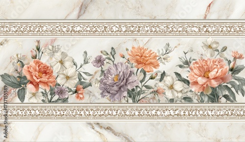 Floral panel, featuring painted blooms, framed by ornate borders on a marbled background