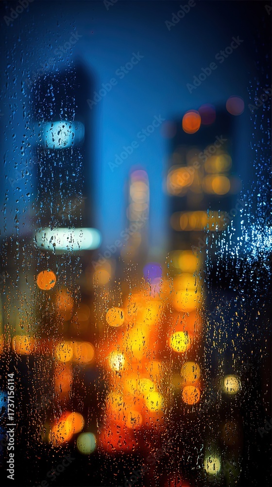 Obraz premium Rainy Night Cityscape View Through Window
