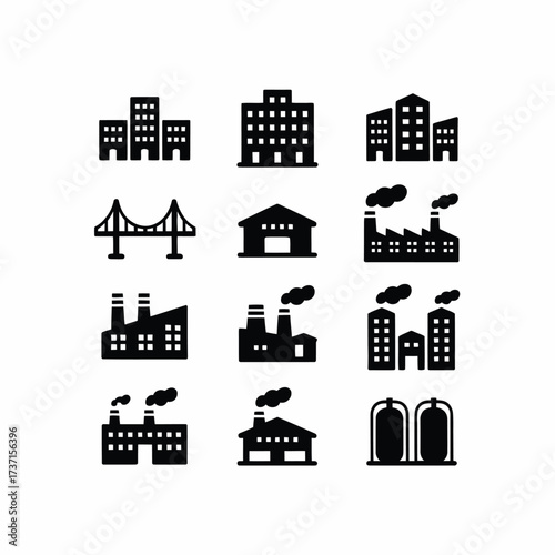A collection of industrial building icons representing factories, warehouses, and commercial structures for various design projects