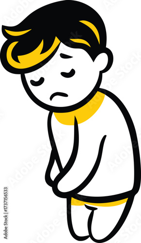 Cartoon boy with sad expression bowing head and hands clasped unhappy