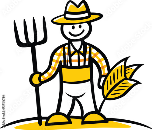 Cartoon farmer with pitchfork and wheat stalk yellow and orange plaid shirt agriculture