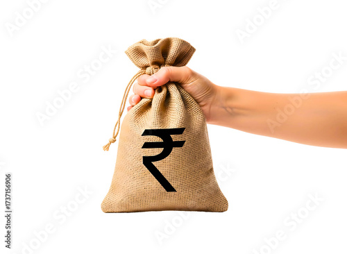 Hand holding a money bag with indian rupee symbol isolated on transparent background