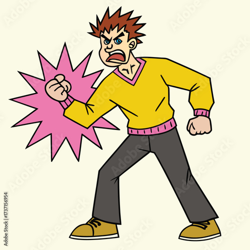 Cartoon man with spiky hair yelling and punching with pink starburst angry man shouting