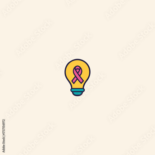 Breast Cancer Awareness Light Bulb Icon – Pink Ribbon Symbol Flat Vector Illustration for Ideas, Innovation, and Medical Support
