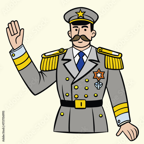 Cartoon military officer in grey uniform with yellow epaulets and medals waving hello illustration