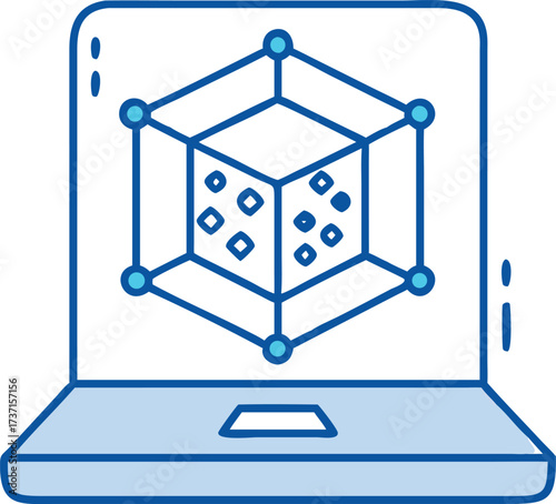 Laptop displaying a 3D cube model for design and development
