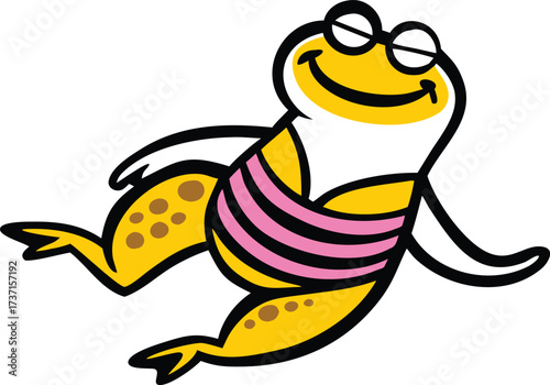 Cartoon yellow frog wearing pink striped shorts and glasses smiling green amphibian