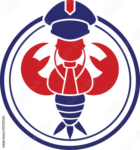 A blue and red stylized lobster wearing a maritime captain's hat badge