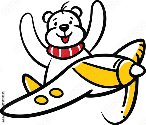 Cheerful cartoon polar bear with red scarf flying in a yellow and white airplane vector