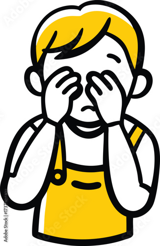 Child covering eyes with hands in distress or hiding yellow overalls girl
