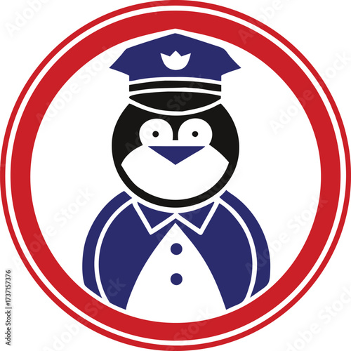 A delightful cartoon penguin dressed as a police officer in a circle