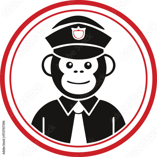A humorous monkey dressed as a police officer within a red circle
