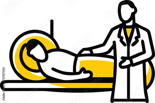 Doctor in white coat examines patient lying on medical scanner bed with yellow accents examination healthcare