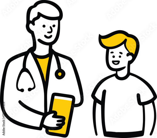 Doctor in white coat with stethoscope holding chart and smiling boy in white t shirt medical healthcare
