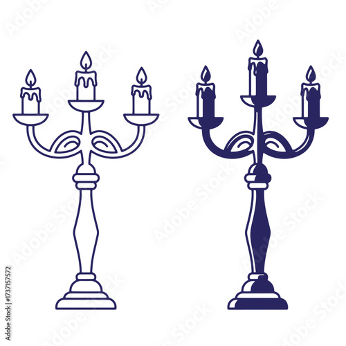 Elegant vector illustration of a candelabra with lit candles in outlined and filled styles