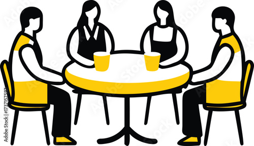 Four people sitting around a yellow table with drinks in yellow cups group chairs