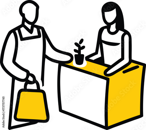 Man in apron with shopping bag interacts with woman at counter with plant vector