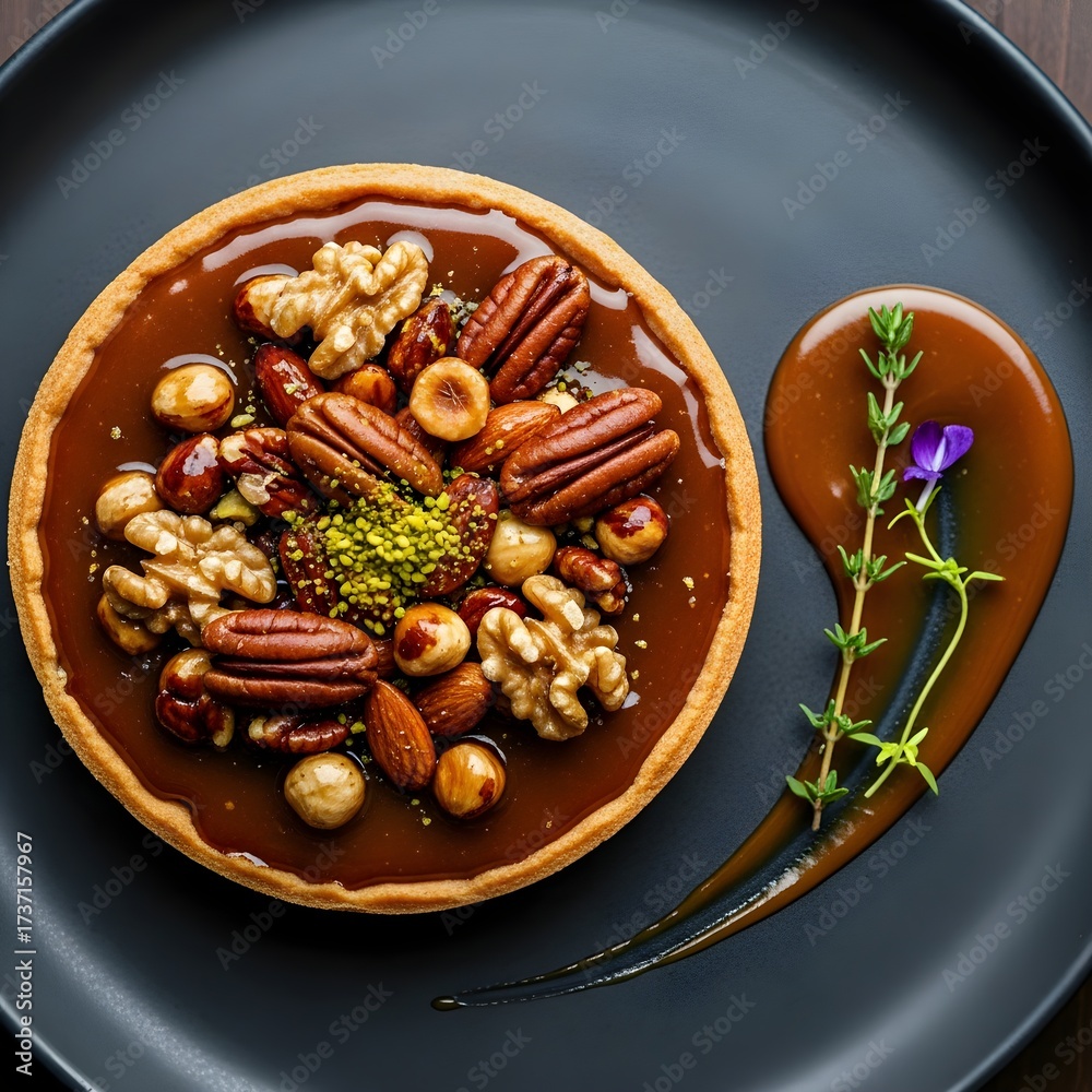Fototapeta premium Caramel Nut Tart with Mixed Nuts and Pistachio Crumble