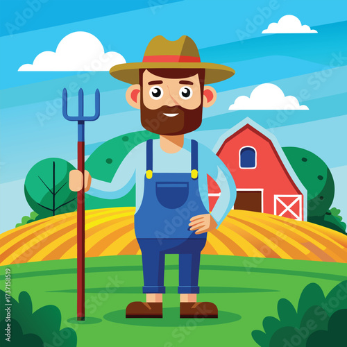 Cartoon farmer with pitchfork in front of red barn