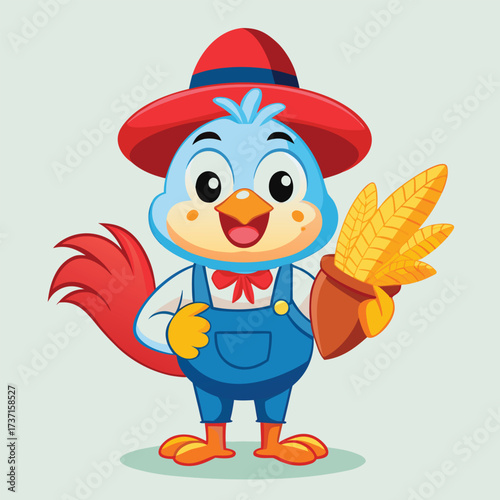 Cartoon blue bird wearing overalls and red hat holding corn