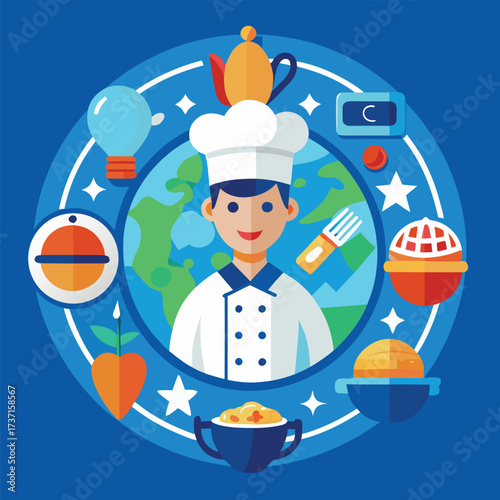 Chef with food and kitchen items around globe cooking