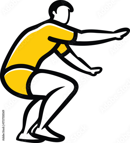 Stylized yellow and black graphic of a person performing a squat exercise fitness workout