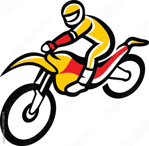Stylized yellow and red dirt bike rider in motion with black outlines motorcycle racing