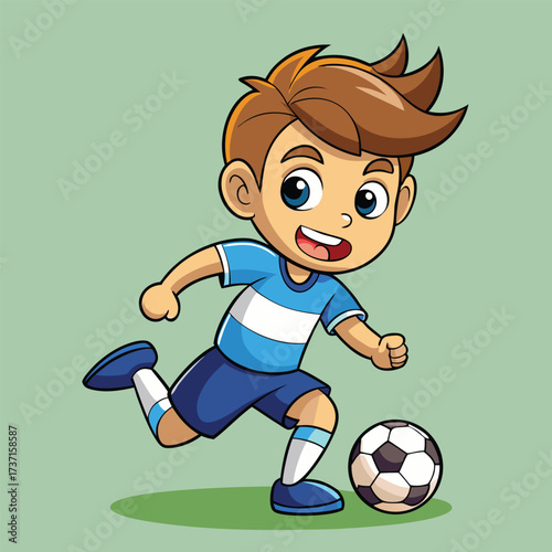 Cartoon boy playing soccer with a ball football child