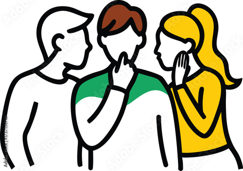 Three people whispering secrets with hands near mouths in a simple graphic style gossip rumor