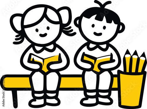 Two cartoon children reading books on a yellow bench with pencils in a holder learning education