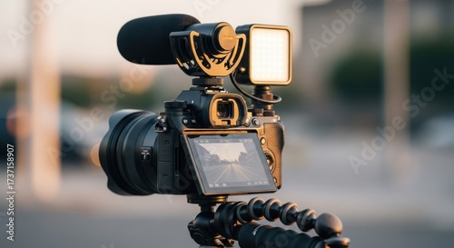 Professional vlogging camera rig with microphone and LED light, mirrorless digital camera on flexible tripod, content creation gear for video production