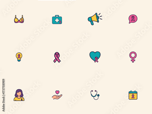 Breast Cancer Awareness Icon Set – Flat Vector Collection with Ribbon, Women, Health, Medicine, Support, Solidarity, and Prevention Symbols