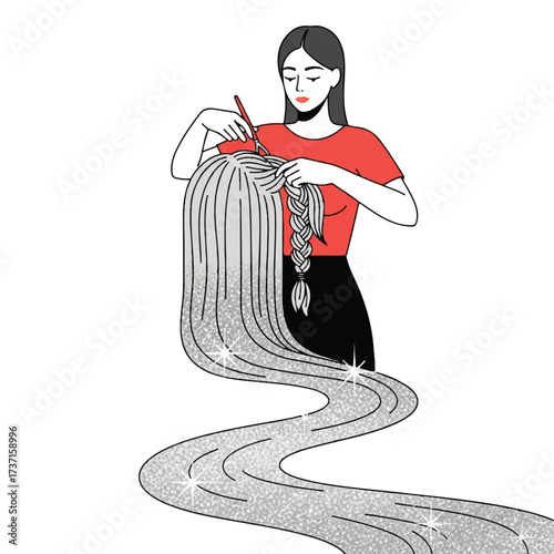 A woman with long hair cuts off a braid with scissors in a stylized illustration.