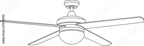 Ceiling fan line drawing, five blade illustration, home appliance sketch, indoor air circulation, residential lighting fixture, vector outline, minimal design