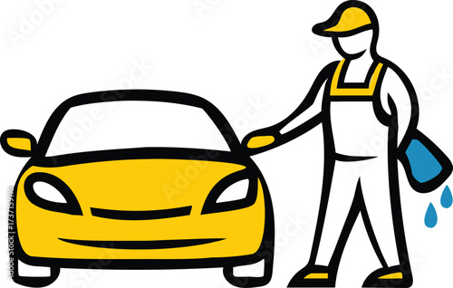 Yellow car being washed by a person in yellow overalls and cap with blue water drops car wash washing
