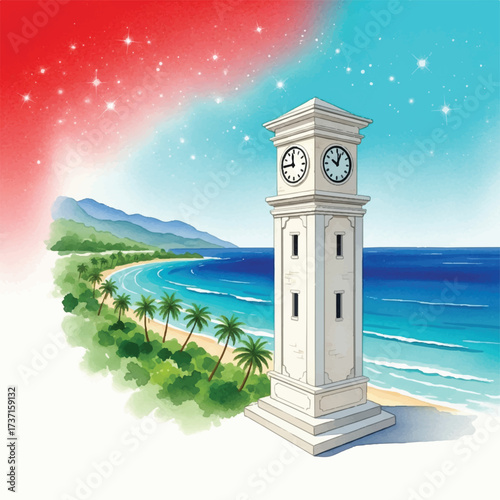 A white clock tower stands tall on a beach overlooking the ocean, with a colorful sky.