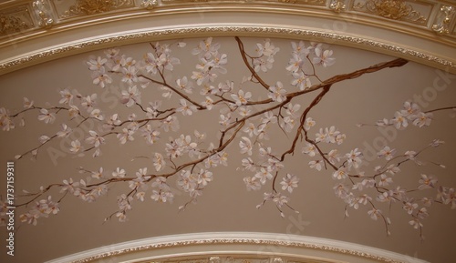 Painted ceiling detail of a flowering branch, framed with ornate molding