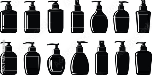 Pump bottle silhouette set, spray bottle vector, cosmetic packaging icons, black outline illustration, personal care container shapes, dispenser design
