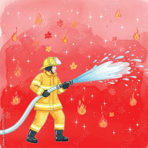 A firefighter in uniform spraying water to extinguish flames and flowers in a vibrant scene.