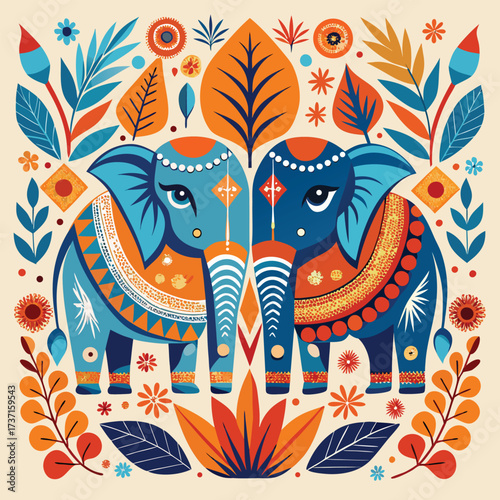 Two blue elephants adorned with colorful patterns and surrounded by floral motifs