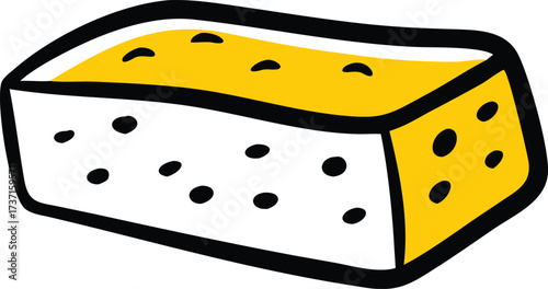 Yellow sponge with black holes and black outline on white background cleaning