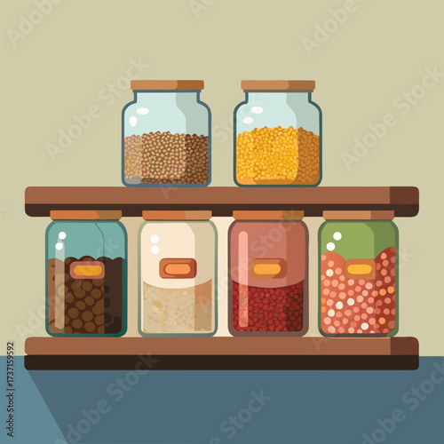 Six glass jars filled with various grains and legumes on a wooden shelf