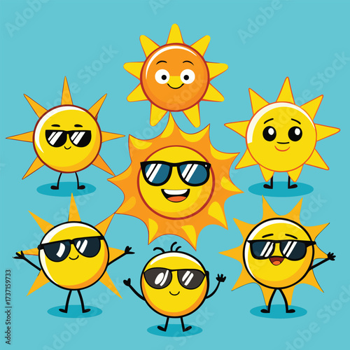 Six cartoon sun characters with sunglasses and happy expressions