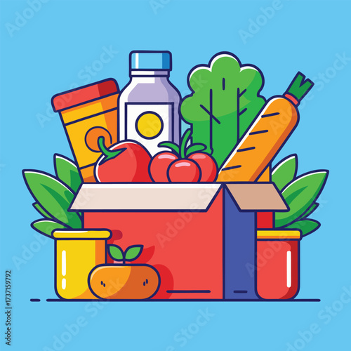 Red cardboard box overflowing with colorful cartoon vegetables and bottle
