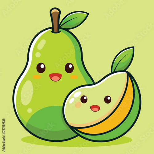 Two cute cartoon pears with happy faces and leaves